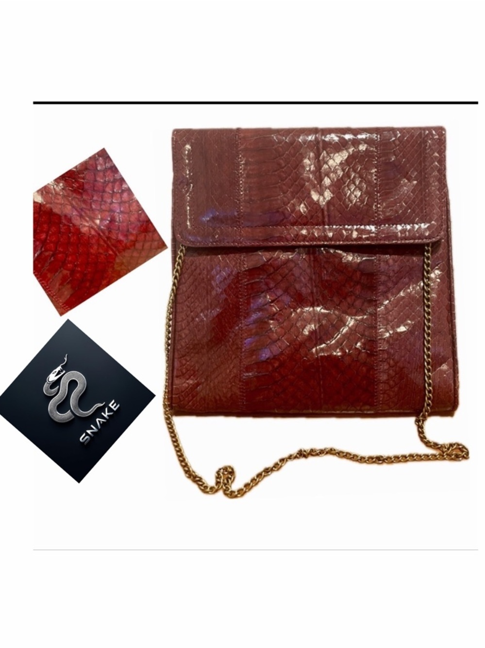 VTG 70’s Genuine Snakeskin Clutch Shoulder Bag Red Gold chain strap Flap LUXURY